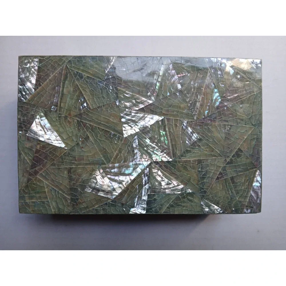 Vintage Iridescent Crackled Abalone‎ Mosaic Humpback Jewelry Box w/red Interior